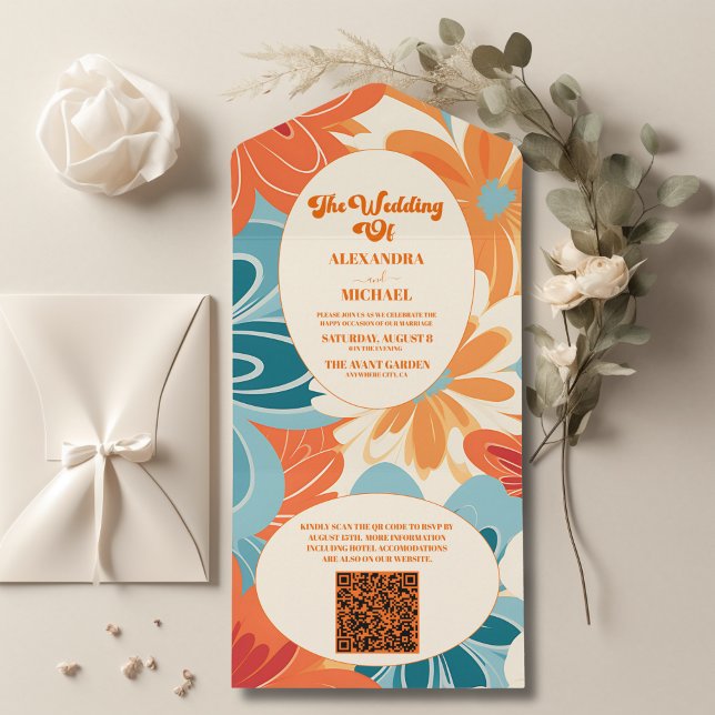 QR-kod Boho Chic Retro Färgglad Blommig Bröllop (Skapare uppladdad)