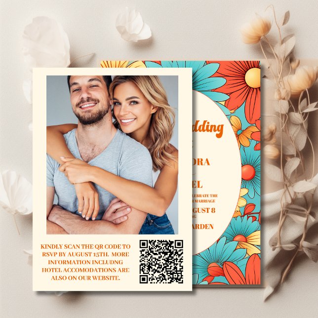 QR-kod Boho Retro Blommig Bröllop Inbjudningar (Skapare uppladdad)