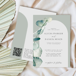 QR kod boho sage grönt arch eucalyptus bröllop Inbjudningar