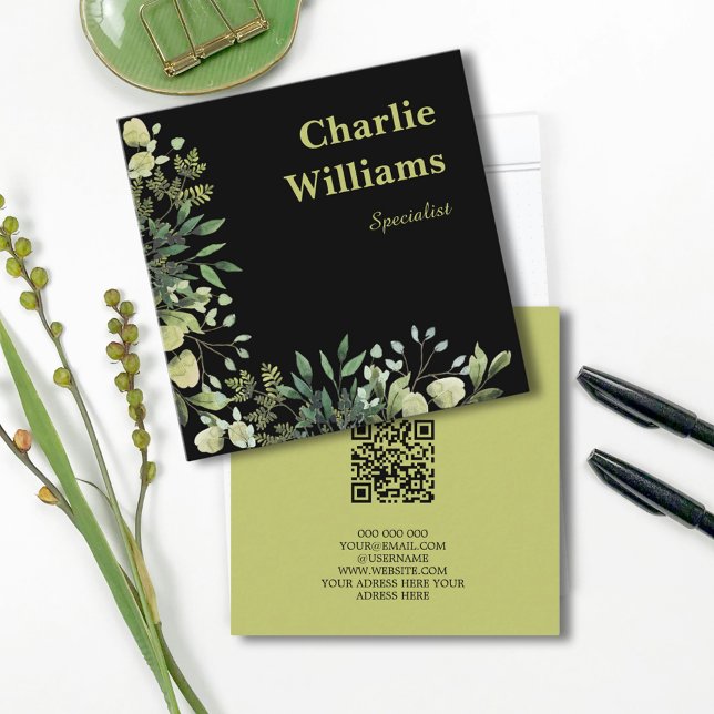 QR-kod botaniskt ram löv svart Fyrkantigt Visitkort (Skapare uppladdad)