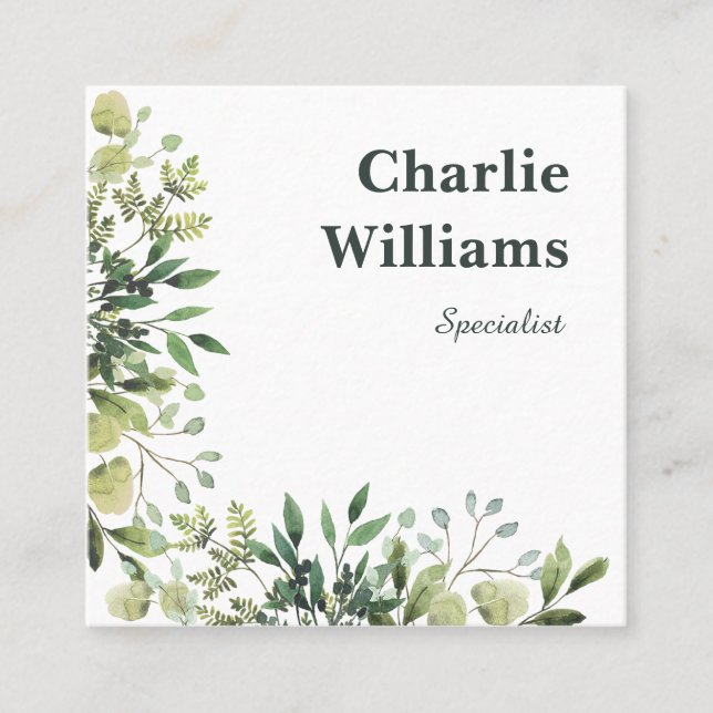 QR-kod botaniskt ram löv, vitt Fyrkantigt Visitkort (Framsida)