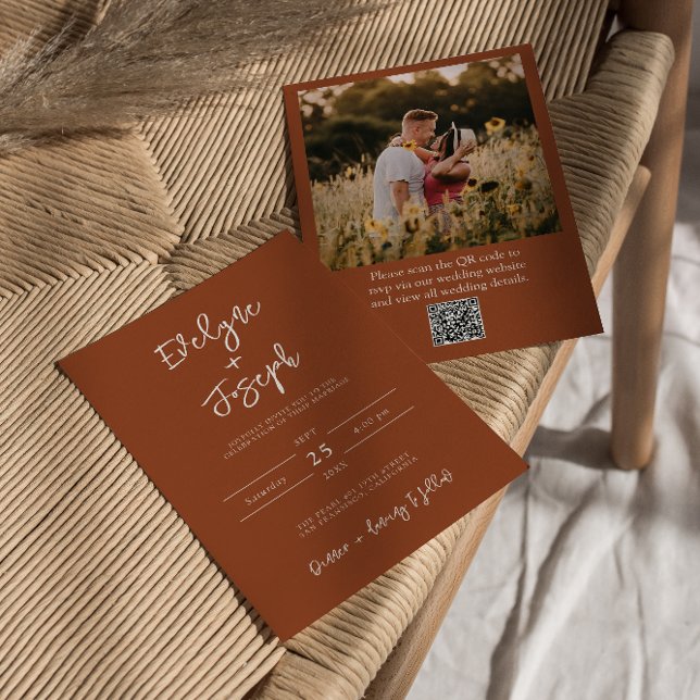 QR-kod Bränn Orange Photo Boho Terracotta Bröllop Inbjudningar (Skapare uppladdad)