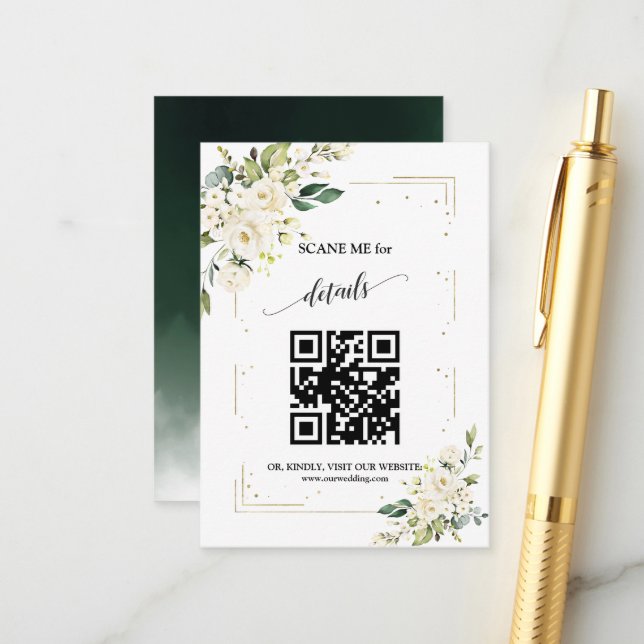 QR-kod Bröllop Vitt Blommig Guld Tilläggskort (Fram/Back In Situ)