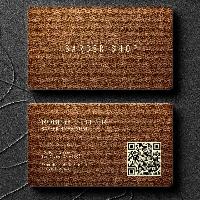 QR-kod brun falsk läder barberare frisör Visitkort (You can choose the ROUNDED CORNERS option)
