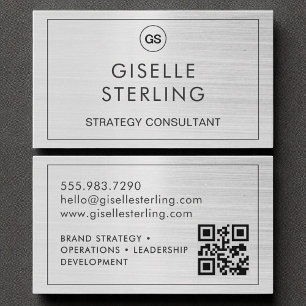 QR-kod Brushed Silver Monogram Modern Visitkort