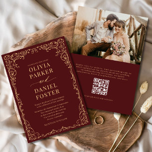 QR-kod Burgundy Guld-fotominimalistisk Bröllop Inbjudningar
