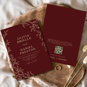 QR-kod Burgundy & Guld minimal Löv Bröllop Inbjudningar