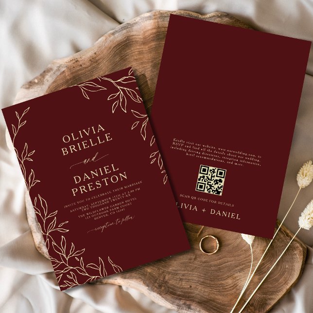 QR-kod Burgundy & Guld minimal Löv Bröllop Inbjudningar (Skapare uppladdad)