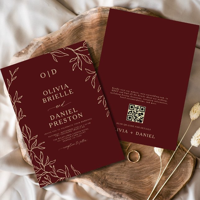 QR-kod Burgundy & Guld Monogram Löv Bröllop Inbjudningar (Skapare uppladdad)