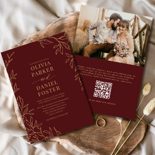 QR-kod Burgundy Guld Photo Elegant bröllop Inbjudningar