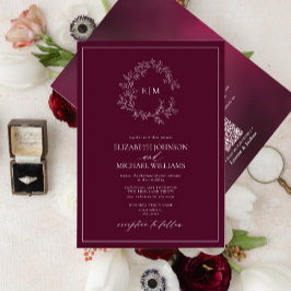 QR-kod Burgundy Leafy Vapensköld Monogram Bröllop Inbjudningar