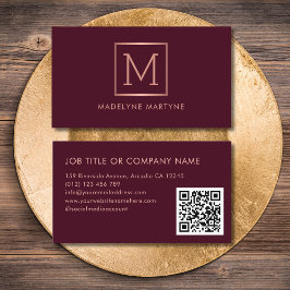 QR-kod Burgundy Ro Monogram-Elegant Guld Visitkort