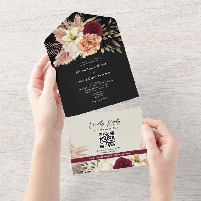 QR-kod Burgundy Svart Blommig Bröllop (Tearaway)