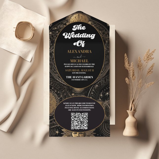QR-kod Celestial Black Guld Bröllop (Skapare uppladdad)