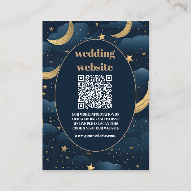 qr kod Celestial Midnight Blue Stars Måne Bröllop Tilläggskort (Framsida)