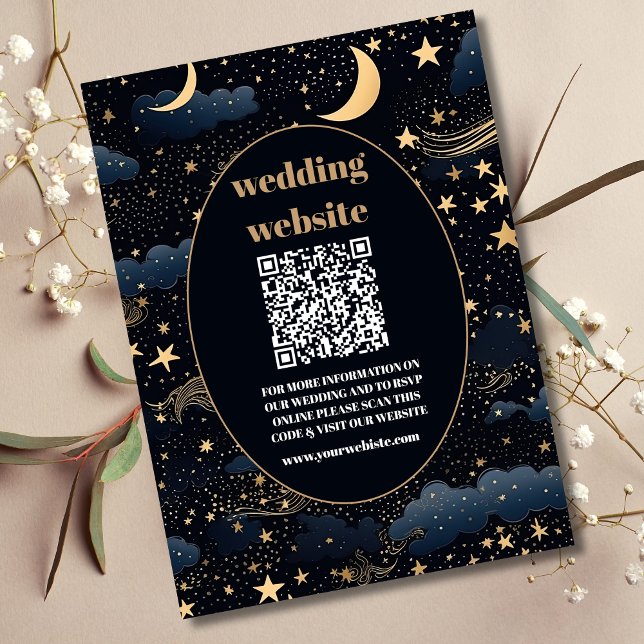 qr kod Celestial Midnight Blue Stars Måne Bröllop Tilläggskort (Skapare uppladdad)