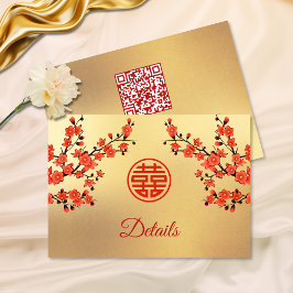 QR-kod | Cherry Blommar Red Guld China Bröllop Tilläggskort