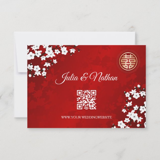 QR-kod | Cherry Blommar Red OSA China Bröllop Inbjudningar (Baksida)