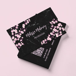 QR-kod | Cherry Blommar Rosa Black Marble Visitkort