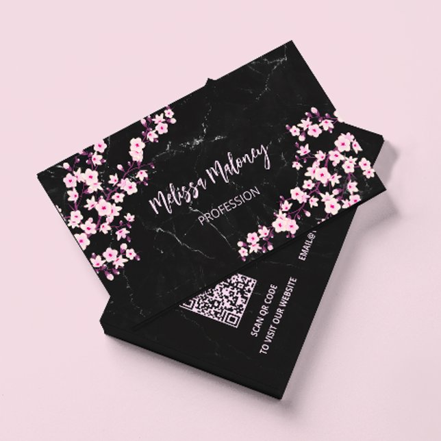 QR-kod | Cherry Blommar Rosa Black Marble Visitkort (Skapare uppladdad)