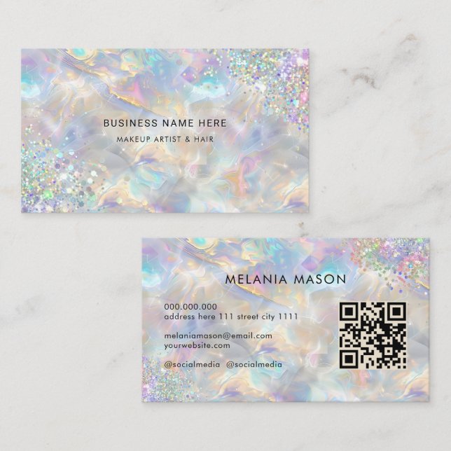 QR-kod Chic Holografisk Glitter Iridescent Opal Visitkort (Fram/baksida)