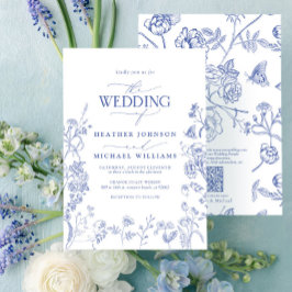 QR-kod Chinoiserie Fransk Blue Blommigt Bröllop Inbjudningar