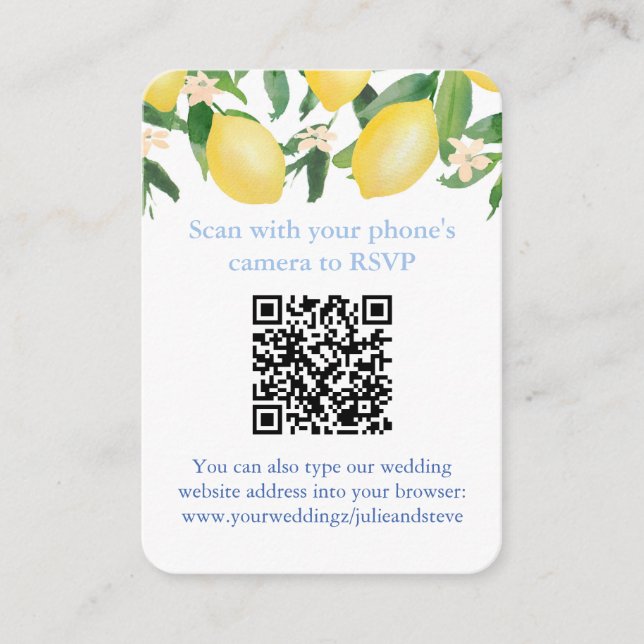 QR-kod Citroner Blå Och Vit Citrus Bröllop RSVP Tilläggskort (Framsida)