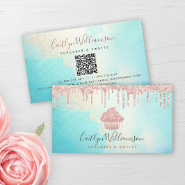 QR-kod Cupkaka Rosa ros Glitter Blue Watercolor Visitkort