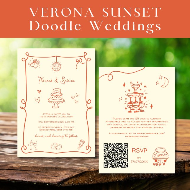 QR-kod Doodle Hand plockade Verona Sunset Orange Inbjudningar (Skapare uppladdad)