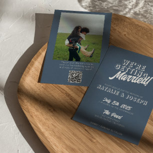 QR-kod Dusty Blue Bold Funky Photo Roligt Bröllop Inbjudningar