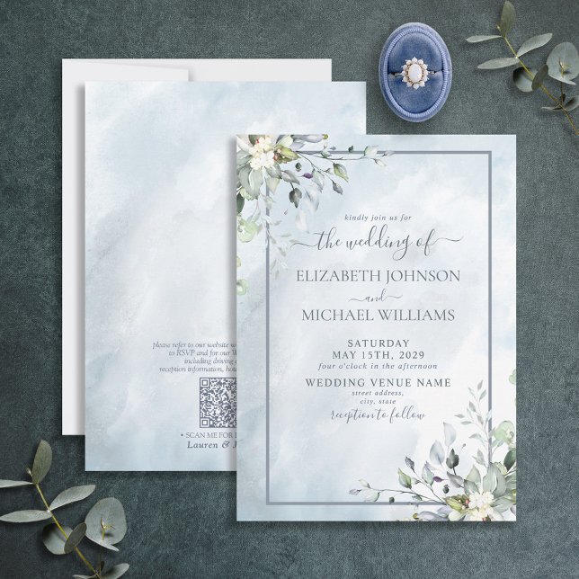 QR-kod Dusty Blue Botanical Grey Watercolor Inbjudningar (Skapare uppladdad)
