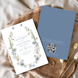 QR-kod Dusty Blue Elegant Garden Vintage bröllop Inbjudningar