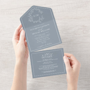 QR-kod Dusty Blue Leafy Vapensköld Monogram Bröllo