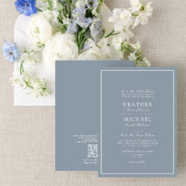 QR-kod Dusty Blue Leafy Vapensköld Monogram Bröllo Inbjudningar