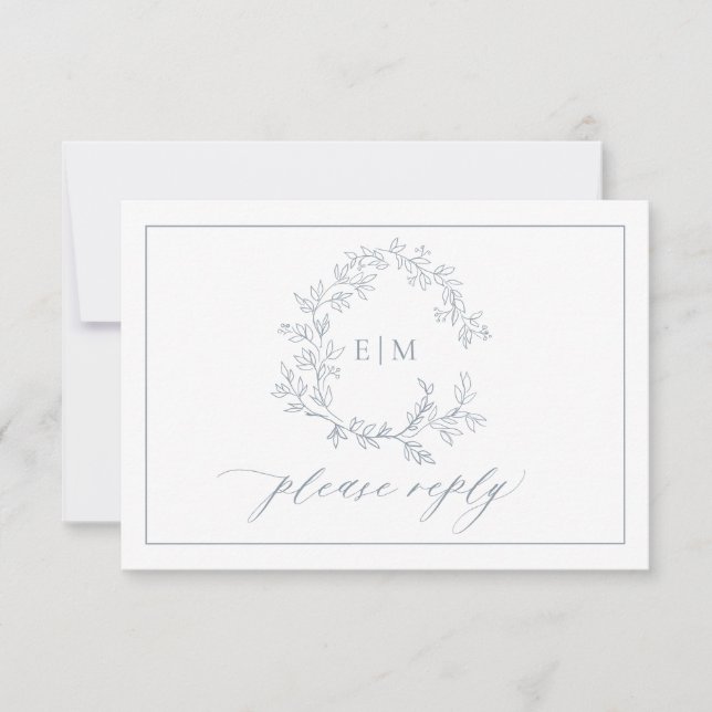 QR-kod Dusty Blue Leafy Vapensköld Monogram Bröllo OSA Kort (Framsida)