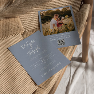QR-kod Dusty Blue Photo Boho Modern Bröllop Inbjudningar