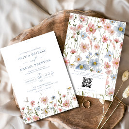 QR-kod Dusty Blue  Rosa Wildblomma Bröllop Inbjudningar