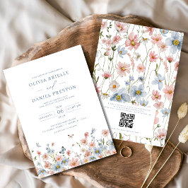 QR-kod Dusty Blue  Rosa Wildblomma Bröllop Inbjudningar