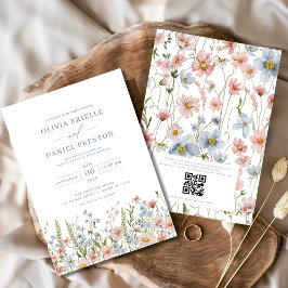 QR-kod Dusty Blue  Rosa Wildblomma Bröllop Inbjudningar