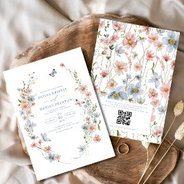 QR-kod Dusty Blue  Rosa Wildblomma Bröllop Inbjudningar