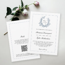 QR-kod Dusty Blue Vapensköld Monogram Bröllop Inbjudningar