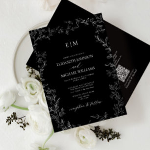 QR-kod Elegant Löv Black White Monogram Bröllop Inbjudningar