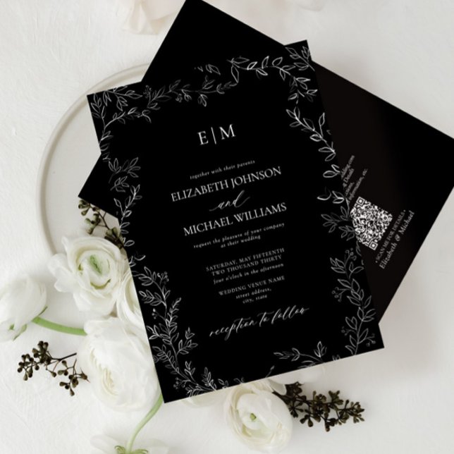 QR-kod Elegant Löv Black White Monogram Bröllop Inbjudningar (Skapare uppladdad)