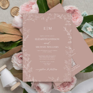 QR-kod Elegant Löv Dusty Ro Monogram Bröllop Inbjudningar