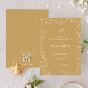 QR-kod Elegant Löv Guld Monogram Bröllop Inbjudningar