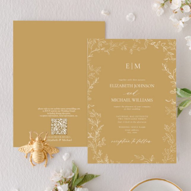 QR-kod Elegant Löv Guld Monogram Bröllop Inbjudningar (Skapare uppladdad)