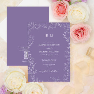 QR-kod Elegant Löv Lavender Monogram Bröllop Inbjudningar