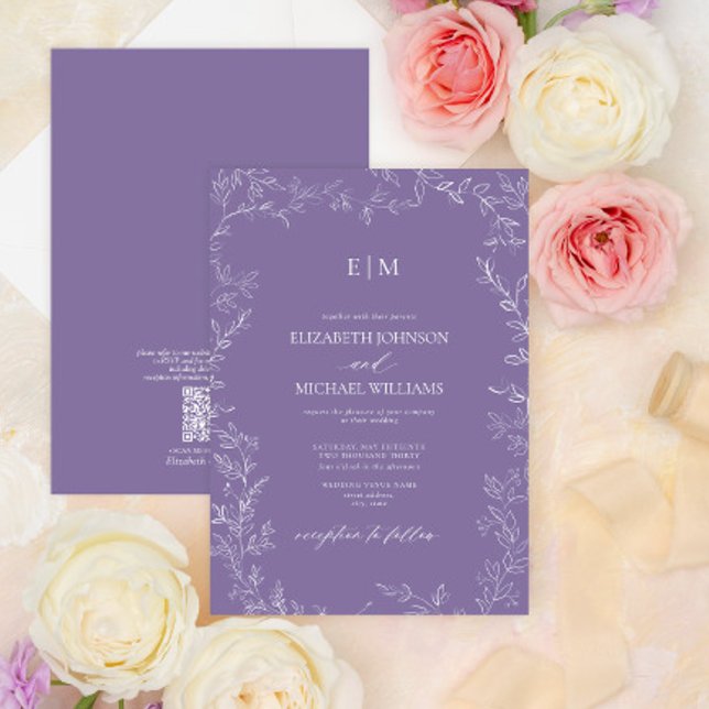 QR-kod Elegant Löv Lavender Monogram Bröllop Inbjudningar (Skapare uppladdad)
