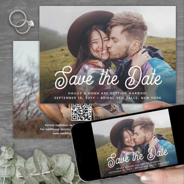 QR-kod Elegant Retro-stil Två Foto Bröllop Spara Datumet (Skapare uppladdad)