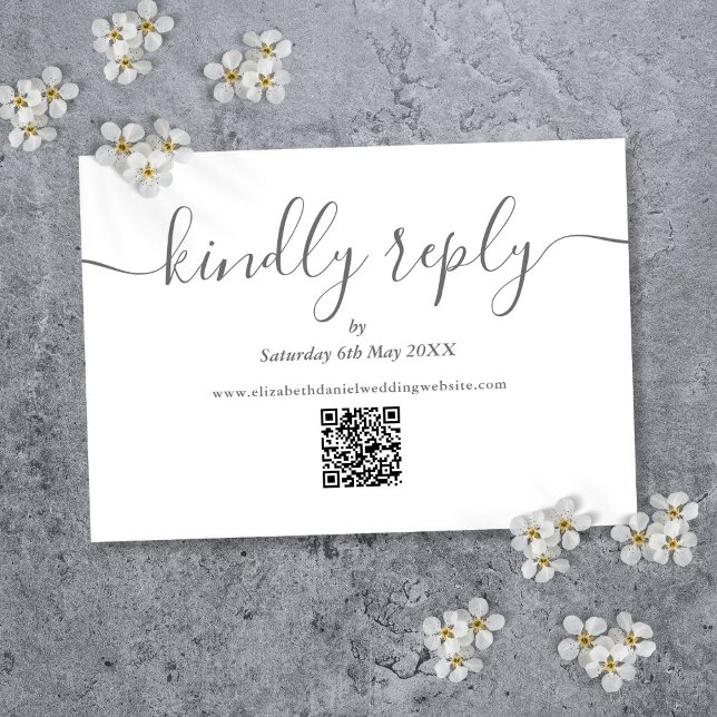 QR-kod Elegant skript Vänligen svara Grå och vit OSA Kort (QR Code Elegant Script Kindly Reply Gray And White RSVP Card)